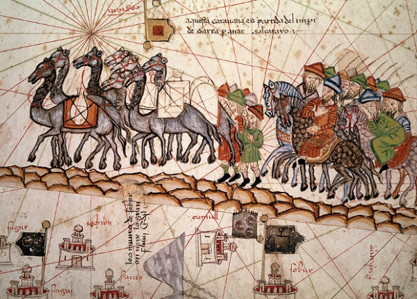 Гравюра «Купцы на Шелковом пути» из Каталонского атласа, 1375 г. (Wikimedia Commons)